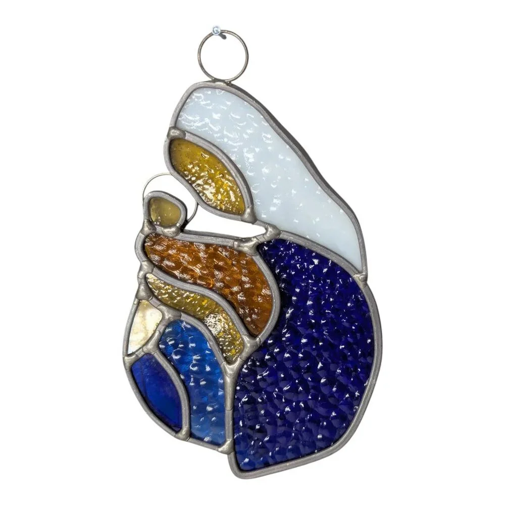 Vintage Leaded Stained Art Glass Virgin Mary & Baby Jesus w/Hanger 6